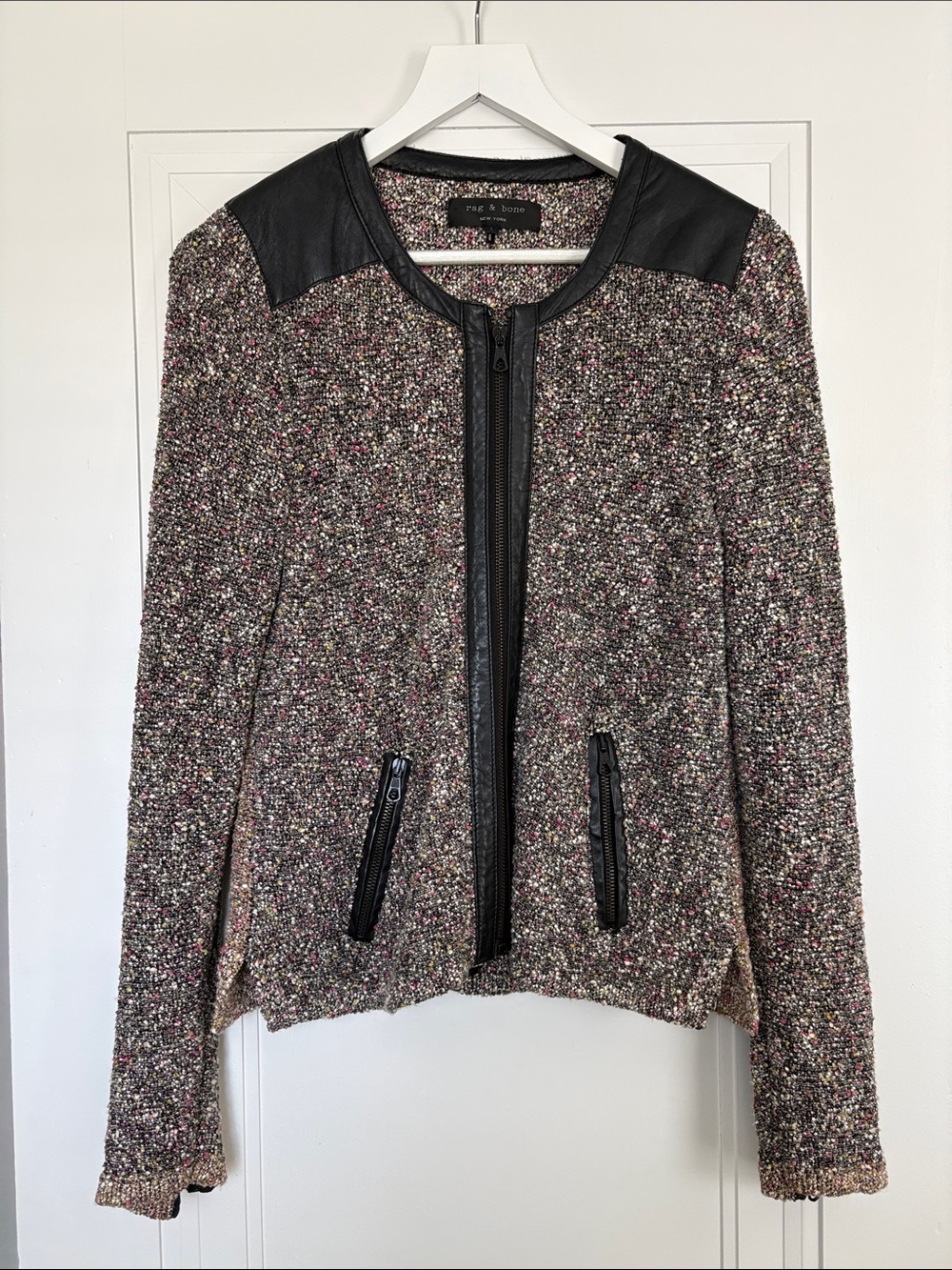 rag & bone Multi-Tone Knit Tweed Zip Moto Jacket with Black Lamb Leather Trim